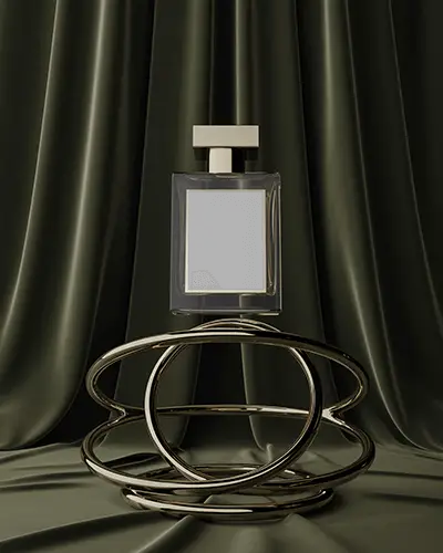 luxury-perfume-bottle-mockup-on-metal-stand-with-dark-green-drapes-stylish-presentation