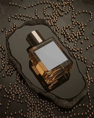 luxury-perfume-mockup-amber-glass-on-stone-tray-with-metallic-golden-bead-decoration