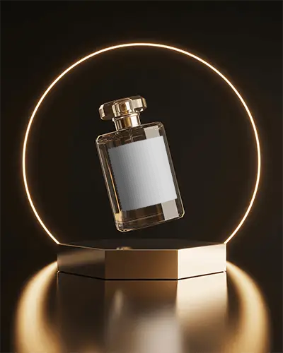 Luxury Perfume Mockup Floating On Golden Pedestal With Illuminated Circle Light Ring
