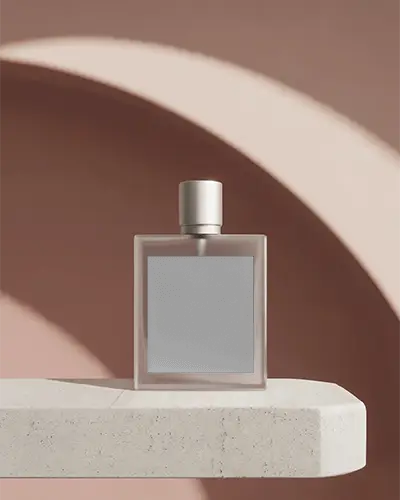 Minimalist Perfume Mockup With Frosted Bottle On Stone Ledge And Arched Background For Soft Luxury Branding