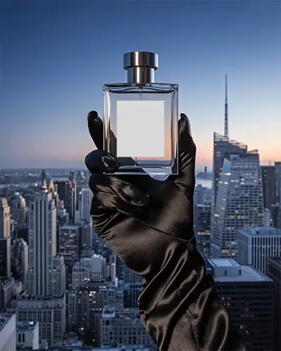 luxury-perfume-mockup-glass-bottle-held-in-black-glove-with-city-skyline-and-sunset-background
