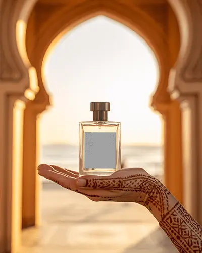 luxury-perfume-mockup-glass-bottle-on-hand-with-henna-designs-under-golden-archway-at-sunset-view