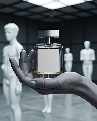 modern-perfume-mockup-glass-bottle-held-in-hand-with-silver-nails-amid-white-mannequin-sculptures