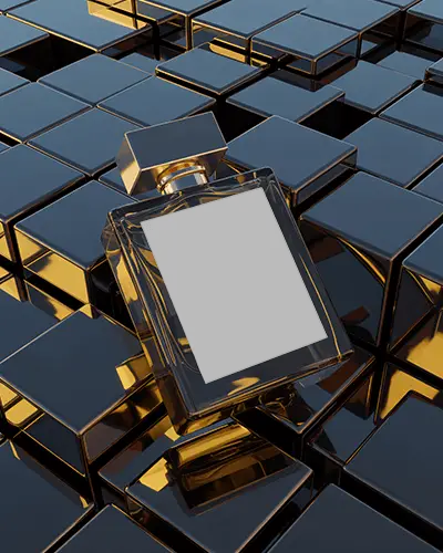 luxury-perfume-bottle-mockup-lying-on-reflective-golden-cube-surface-modern-abstract-scene