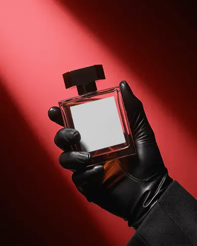 luxury-perfume-bottle-mockup-held-in-black-leather-glove-with-red-background-dramatic-lighting