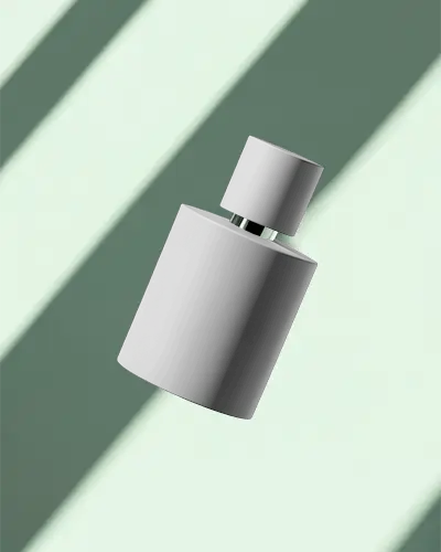 Floating Perfume Mockup Against Soft Mint Striped Background