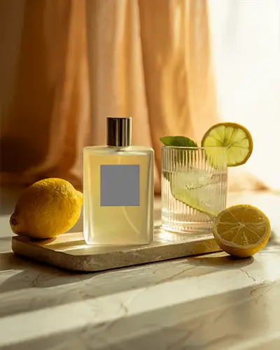 luxury-perfume-bottle-mockup-with-lemon-slices-and-drink-on-marble-surface-fresh-citrus-display