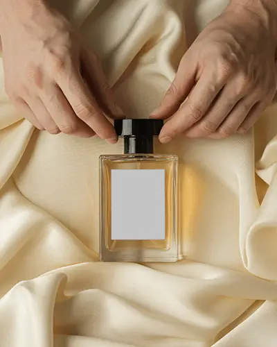 Luxury Perfume Bottle Mockup Held By Hands On Cream Satin Fabric Soft Luxury Studio Display
