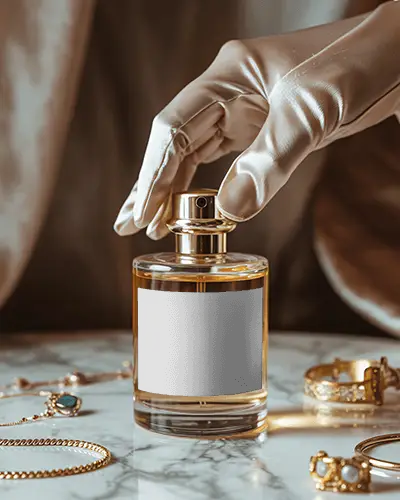 Luxury Perfume Bottle Mockup With Satin Gloved Hand And Golden Jewelry On Marble Surface Premium