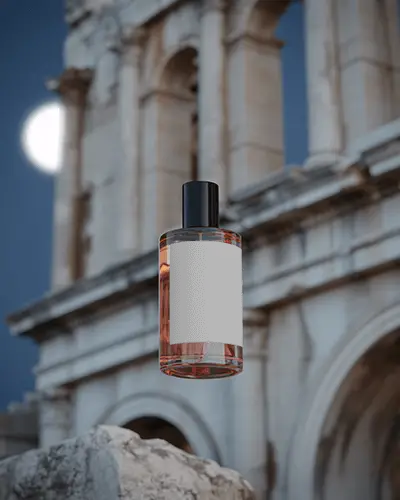 Luxury Perfume Bottle Mockup Floating Before Ancient Architecture With Full Moon Night Backdrop