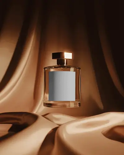 Luxury Perfume Bottle Mockup Floating Against Golden Satin Drapes Luxury Studio Lighting Display