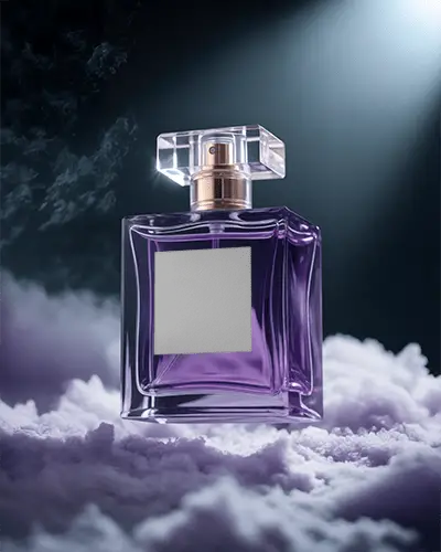 Luxury Perfume Bottle Mockup Purple Glass Design On Clouds With Spotlight Dramatic Studio Display