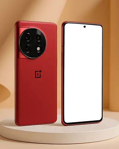 Premium Smartphone Mockup Red Oneplus Device On Studio Podium With Warm Toned Background