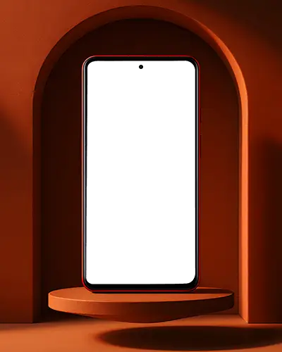 Premium Red Phone Mockup Smartphone Standing Upright In Arched Terracotta Display Niche