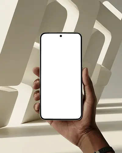 Abstract Light Shadow Samsung Phone Mockup Mobile Device Held Against Geometric Background