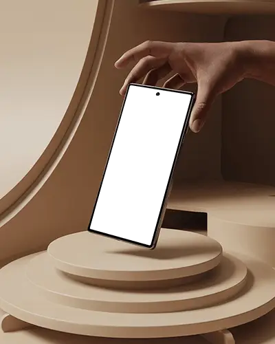 Premium Phone Mockup Samsung S24 Held Over Geometric Podium In Soft Monotone Studio