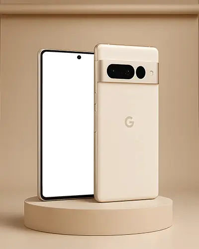 Google Pixel Phone Mockup Front And Back Beige Device On Round Podium In Neutral Studio
