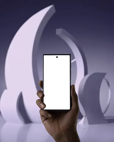 Creative Studio Samsung S25 Ultra Phone Mockup In Hand With Geometric Light Sculptures Behind