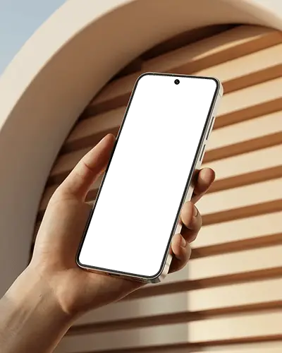 Google Pixel Phone Mockup Hand Holding Device In Front Of Modern Arched Striped Structure