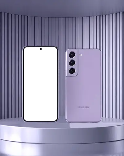 Samsung Series Phone Mockup Front And Back Lavender Device On Metallic Display Podium