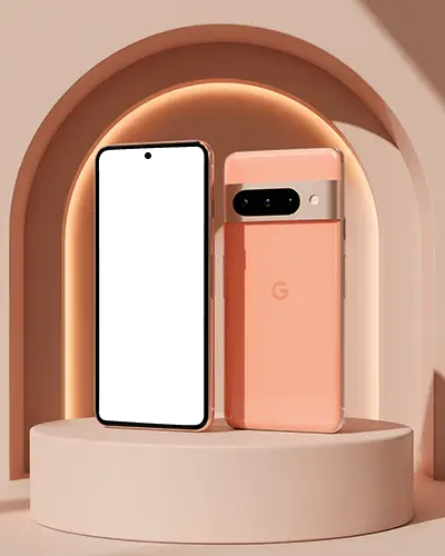Google Pixel Phone Mockup Peach Device Front And Back View On Pedestal With Arched Light