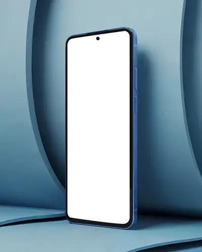 Google Pixel Phone Mockup Blue Device Standing Against Curved Architectural Blue Background