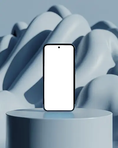 Google Pixel Phone Mockup Upright Device On Podium With Abstract Flowing Blue Background