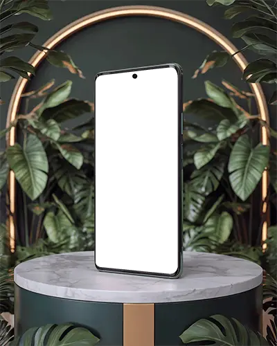 Premium Phone Mockup On Marble Pedestal With Greenery Background For App Showcase