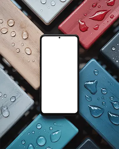 Modern Phone Mockup With Water Droplets On Wooden Surface Showcasing Clear Screen Display