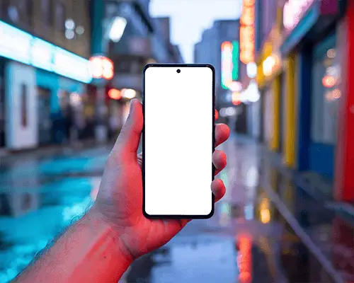 Hand Holding Modern Phone With Blank Screen For Digital Content Display Urban Setting