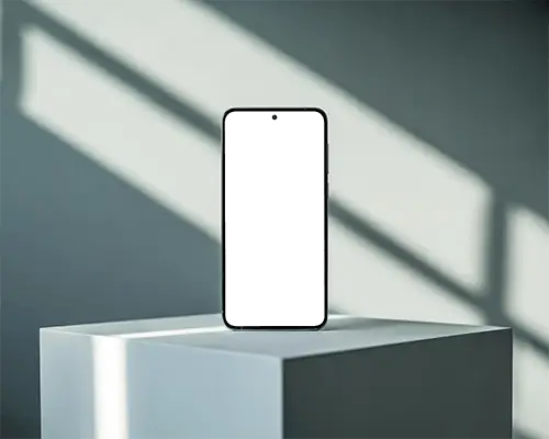 sleek-modern-phone-mockup-standing-on-rectangular-pedestal-with-abstract-light-shadow-background