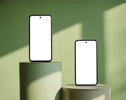 modern-smartphone-mockups-on-cylindrical-pedestals-with-bright-natural-light-background