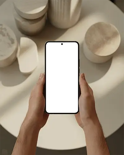 top-view-phone-mockup-with-natural-hands-and-abstract-objects-on-smooth-beige-background