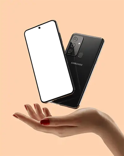 Levitating Samsung Phone Mockup Over Female Hand With Clean Light And Modern Showcase Style