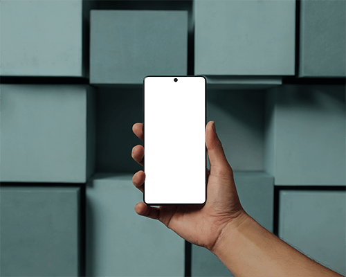 Front Facing Phone Mockup Held In Hand With Architectural Block Backdrop And Soft Shadows