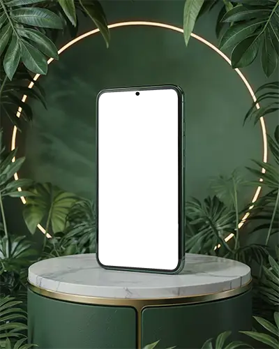 tropical-phone-mockup-on-marble-podium-with-lush-green-leaves-and-glowing-ring-background