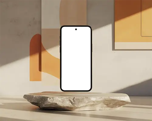 Samsung S 25 Smartphone Mockup Floating On Stone Pedestal In Sunlit Modern Interior