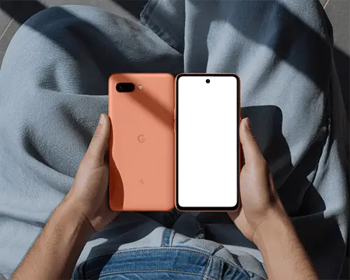 Google Pixel Phone Mockup Hands Holding Dual Phones Outdoors On Denim With Natural Light