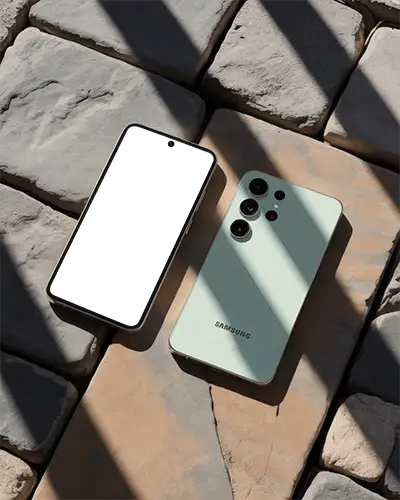 Samsung 25 Ultra Phone Mockup Front And Back View On Stone Surface In Natural Sunlight