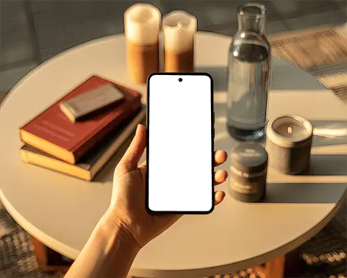 Google Pixel Phone Mockup Hand Holding Smartphone In Cozy Setting With Books And Candles