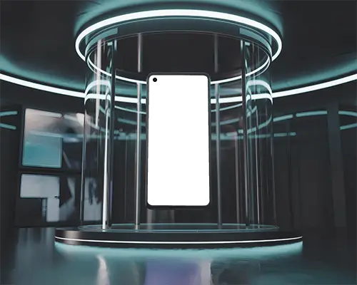Futuristic Oneplus Phone Mockup Smartphone Floating In Sci Fi Glass Chamber With Neon Lights
