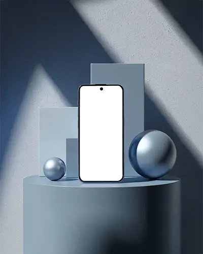 google-pixel-phone-mockup-premium-smartphone-on-round-podium-with-silver-spheres-and-blocks