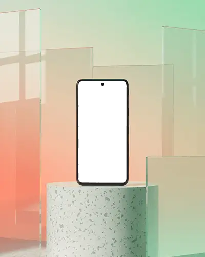 google-pixel-phone-mockup-premium-smartphone-on-stone-podium-with-glass-panels-and-soft-light