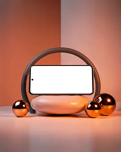 samsung-phone-mockup-premium-smartphone-horizontal-on-stone-stand-with-metallic-sphere-decor