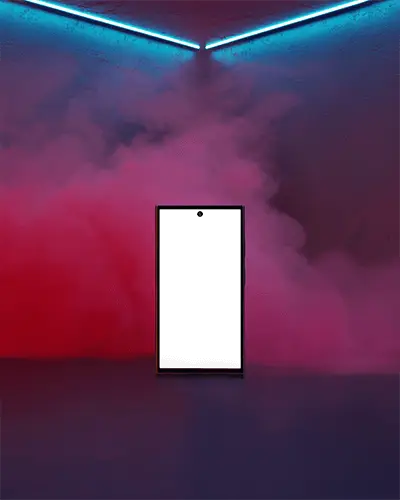 realistic-samsung-s25-ultra-android-phone-mockup-front-view-in-neon-lit-room-with-colorful-smoke