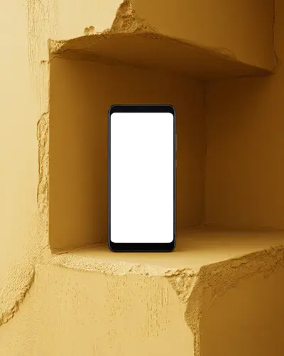 realistic-huawei-android-phone-mockup-front-view-device-on-textured-yellow-stone-shelf-backdrop