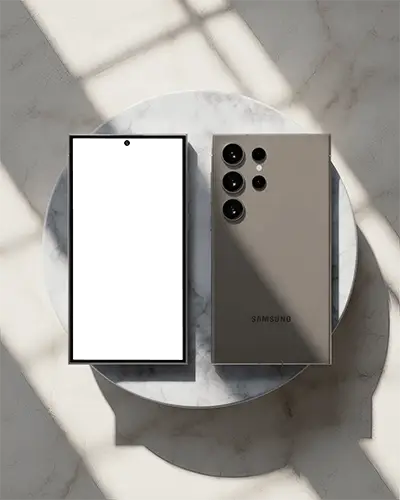 samsung-galaxy-s25-ultra-mockup-front-and-back-view-on-round-marble-surface-with-sunlight