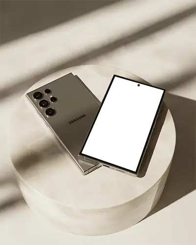 Elegant Samsung S25 Ultra Phone Mockup Front Display And Rear Camera On Stone Surface Shot