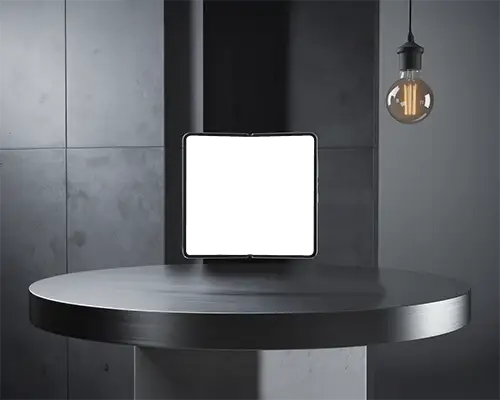 samsung-galaxy-fold-phone-mockup-front-display-on-round-metal-table-in-industrial-studio