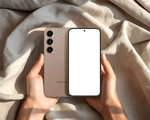 samsung-phone-mockup-front-and-back-view-held-in-hands-on-soft-fabric-with-sunlit-shadows
